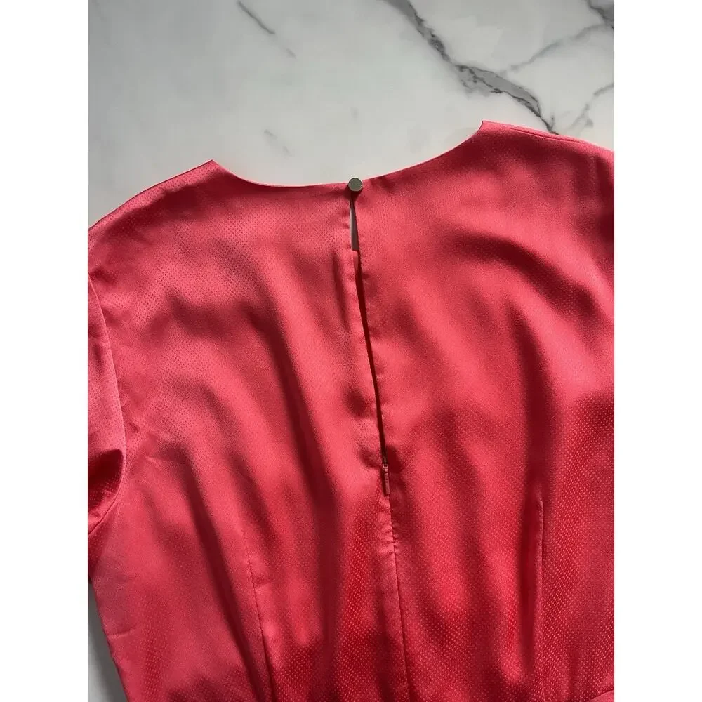 Ted Baker Textured Satin Midi Dress Size 12 Coral Pink Puff Sleeve modest chic - Picture 8 of 12